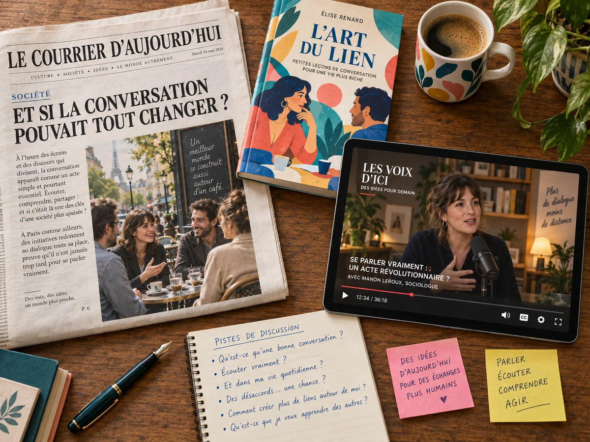 A styled flat-lay on a wooden table featuring a French book titled 'L'Art du Lien' by Elise Renard, a printed newspaper, a tablet showing a video lecture, a notebook with discussion prompts, sticky notes, a pen, and a coffee cup.