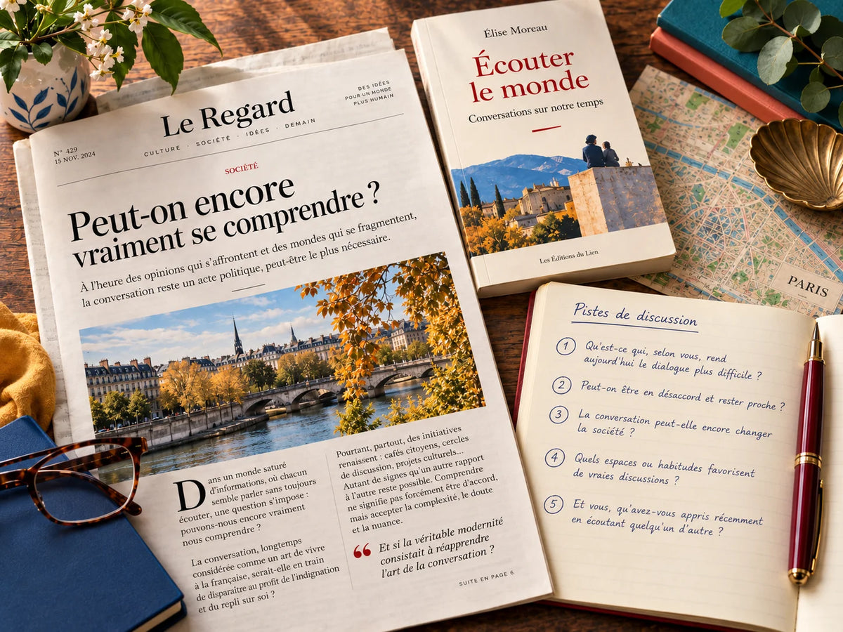 A styled flat-lay of French reading materials on a textured blue surface: an open Le Regard magazine, a book titled “Écouter le monde”, an open notebook with discussion questions, a gold pen, and a gold shell dish, with small plants and glasses as props.
