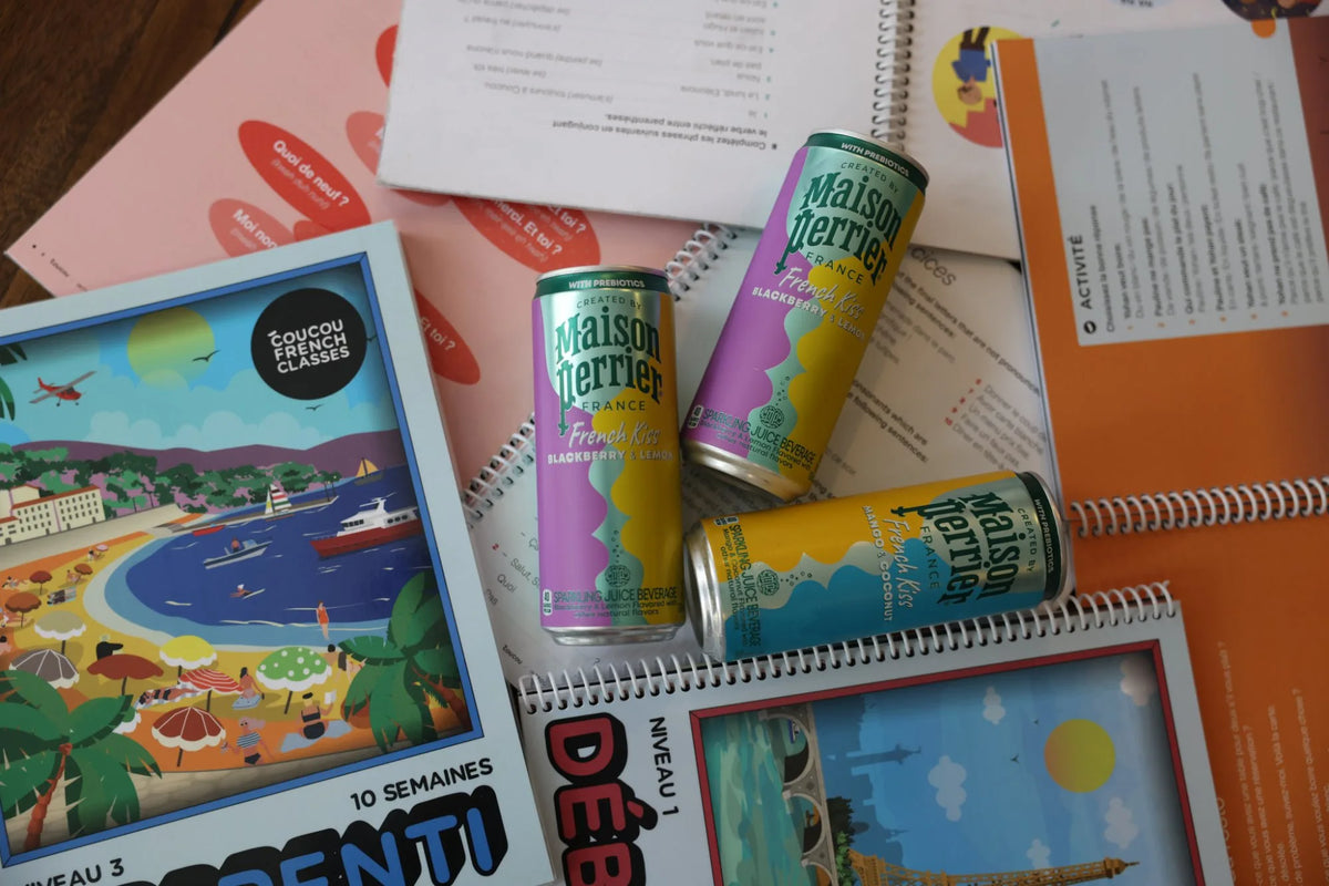 Maison Perrier French Kiss cans on Coucou French Classes course books