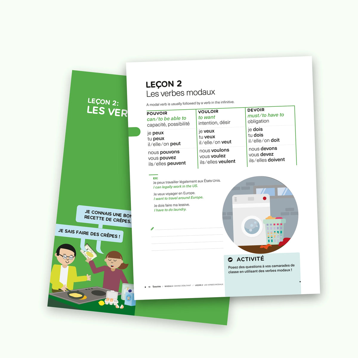 Pages from the Coucou Level 2 course book: reflexive verbs and modal verbs