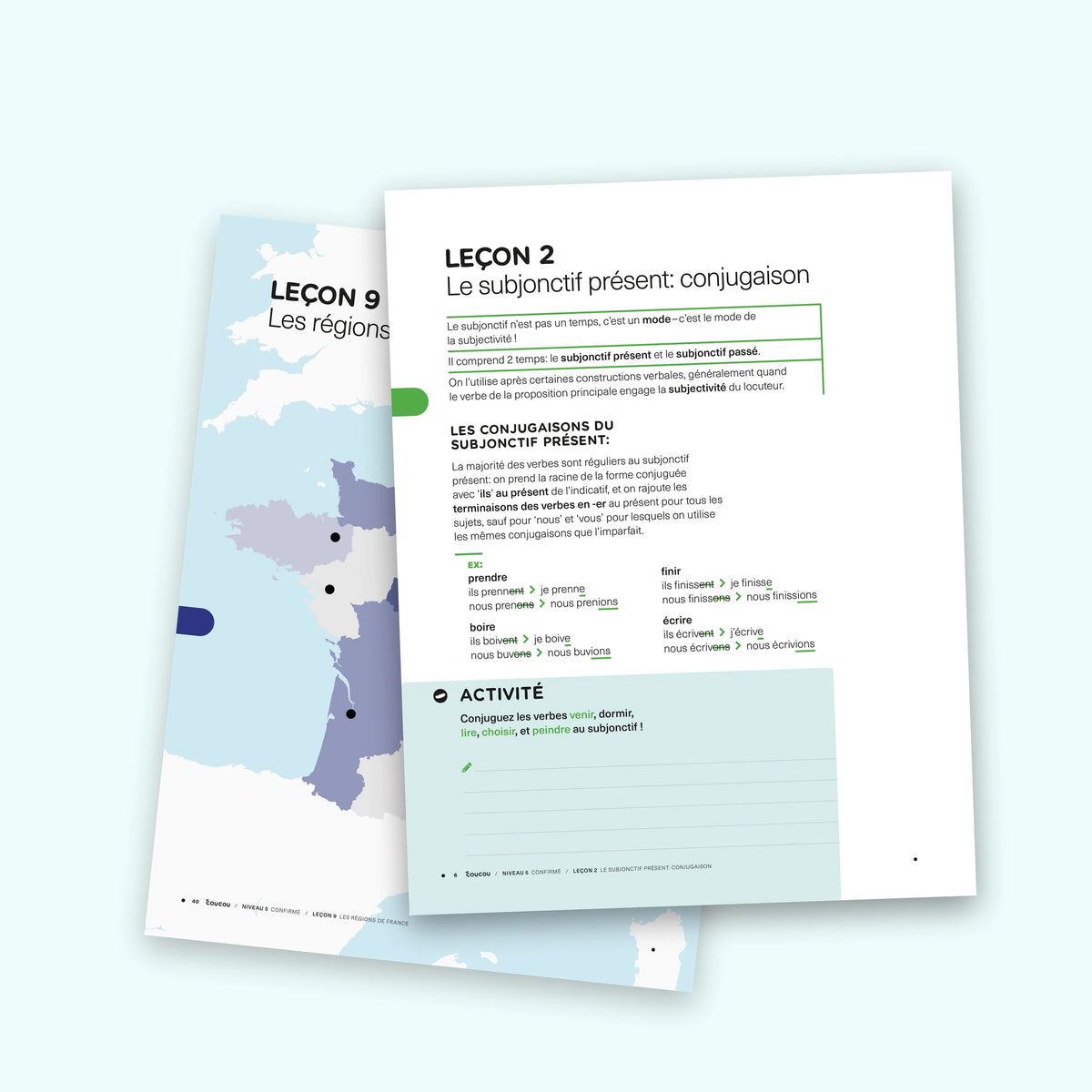 Pages from the Coucou Level 5 course book: the regions of France and the present subjunctive