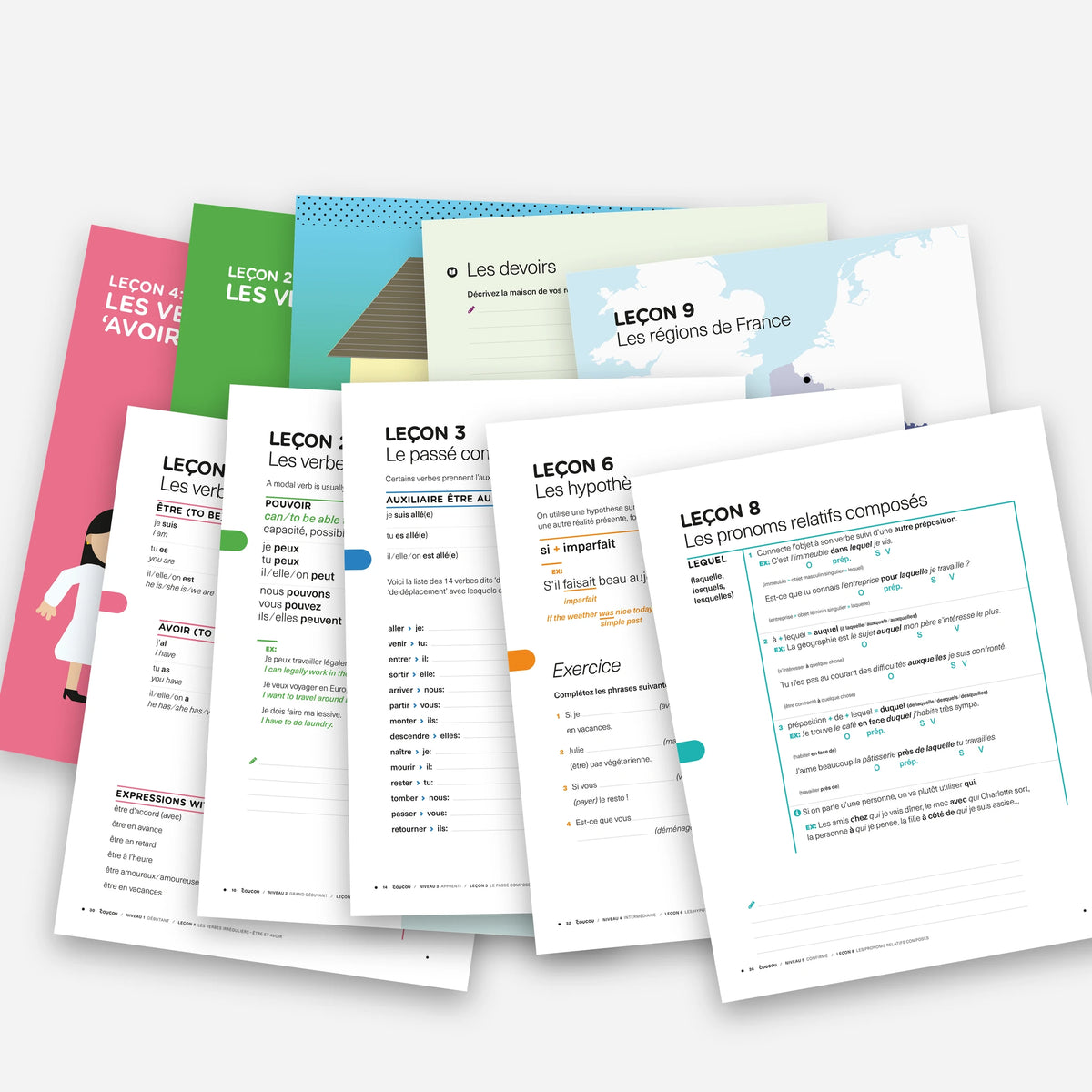 Pages from the Coucou Level 1 to 5 course books, one picture page and one grammar page per level