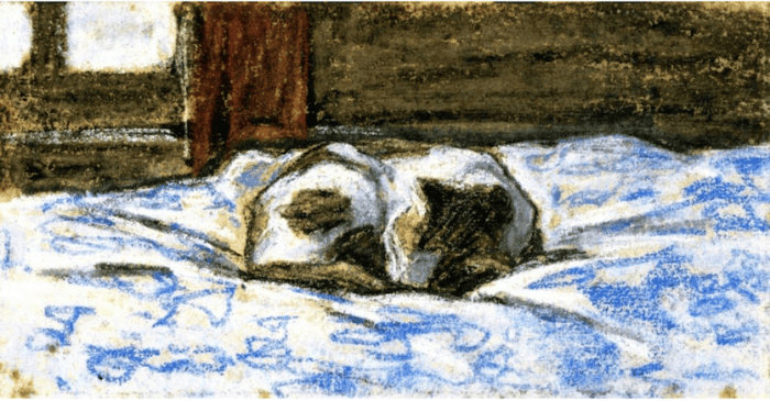 Claude Monet, Cat Sleeping on a Bed (circa 1865)